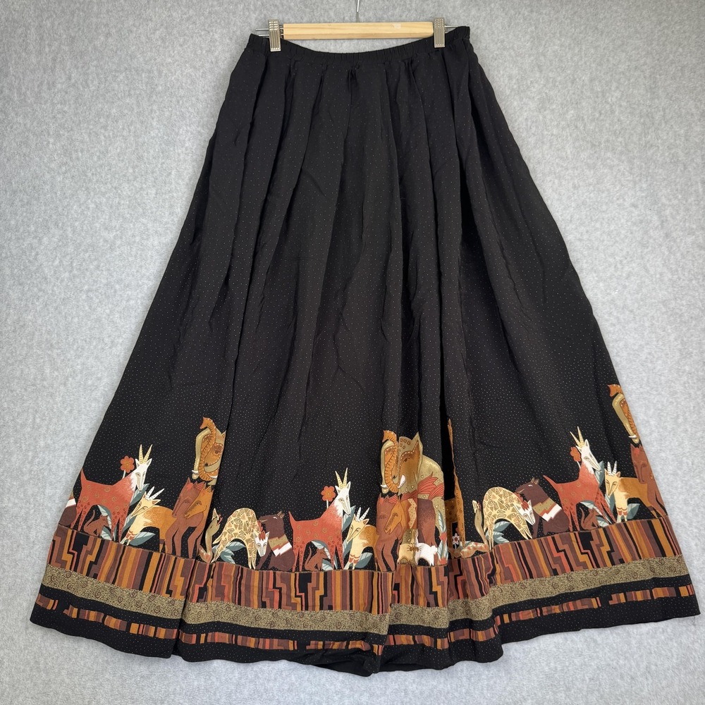 Vintage Howard Wolf Maxi Skirt Womens 10 Black‎ Animal Print Border Rayon USA